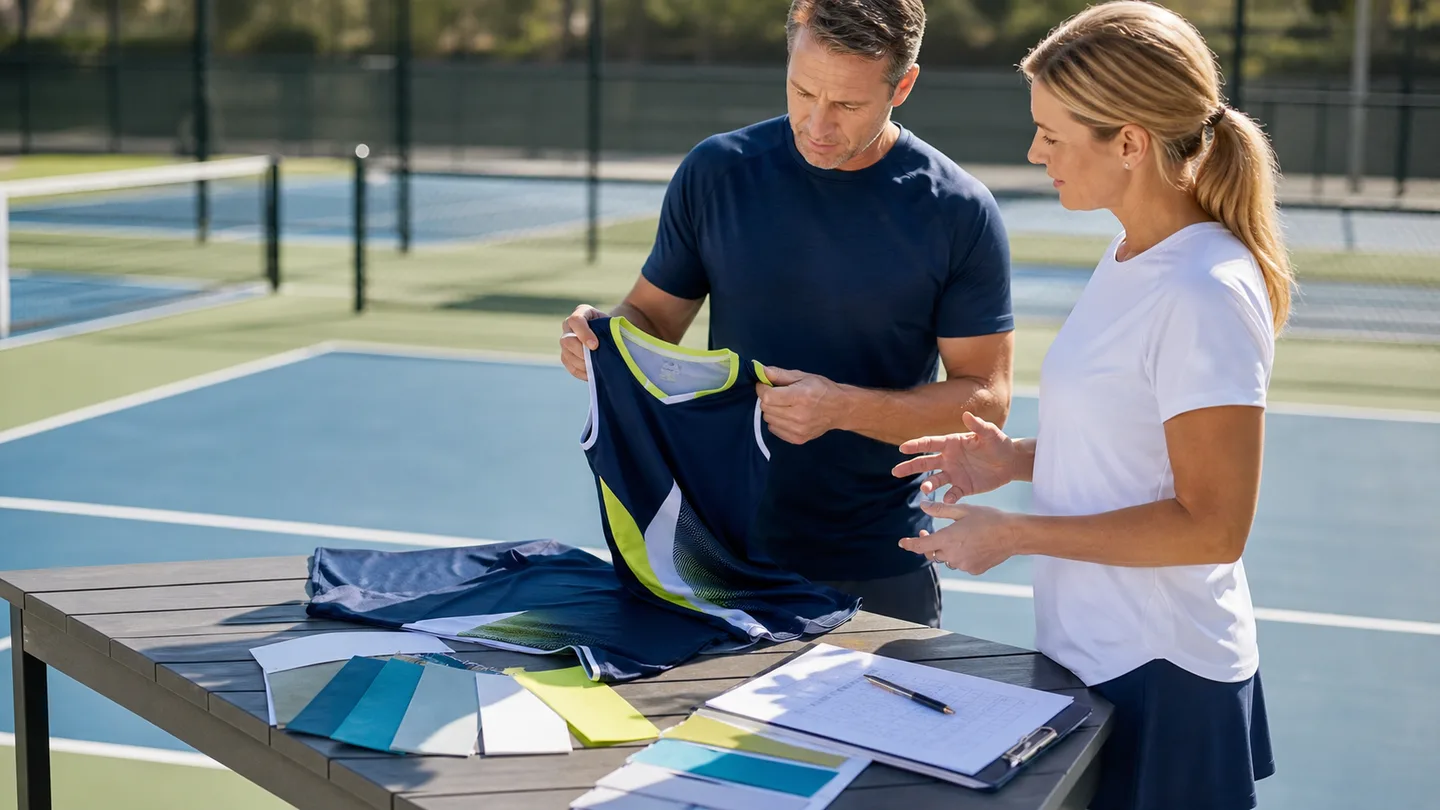 Club buyers reviewing custom pickleball jersey samples and fabric swatches beside a court
