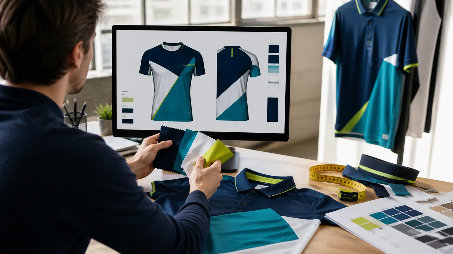 Apparel designer reviewing a custom pickleball shirt layout with fabric swatches
