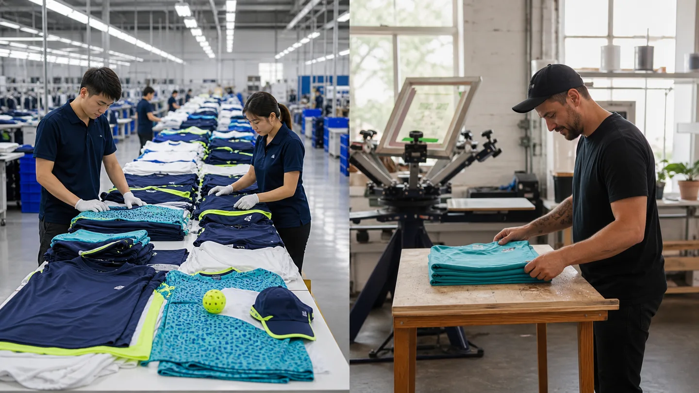 Side-by-side view of pickleball apparel quality control in a factory and a small local print shop