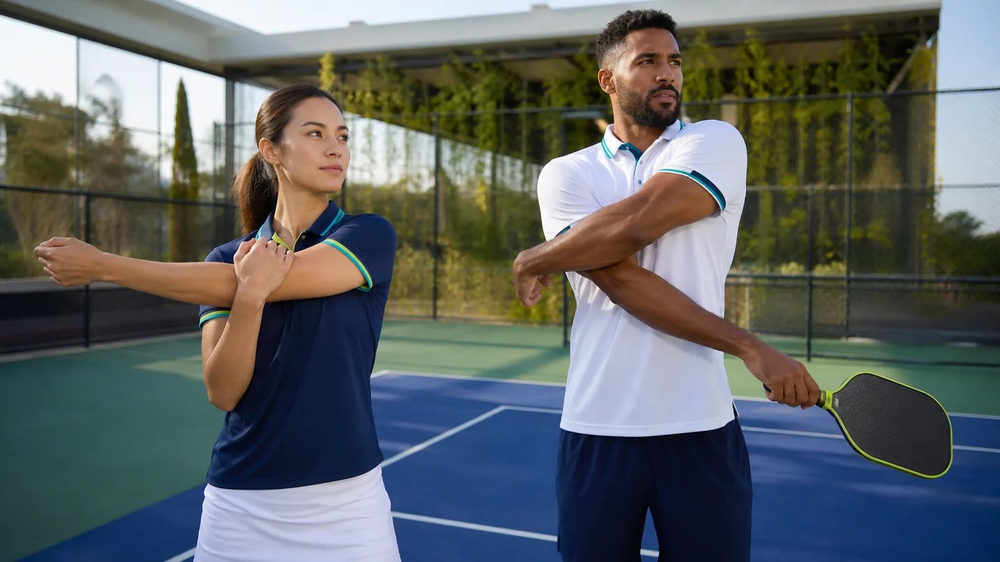 Adult pickleball players warming up in coordinated performance polo shirts