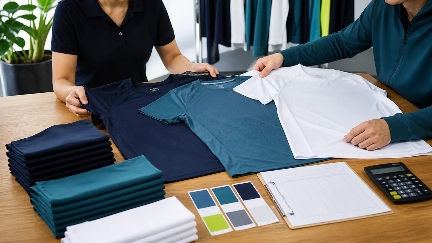 Buyer and apparel supplier comparing pickleball shirt fabrics, quantities and an itemized quote