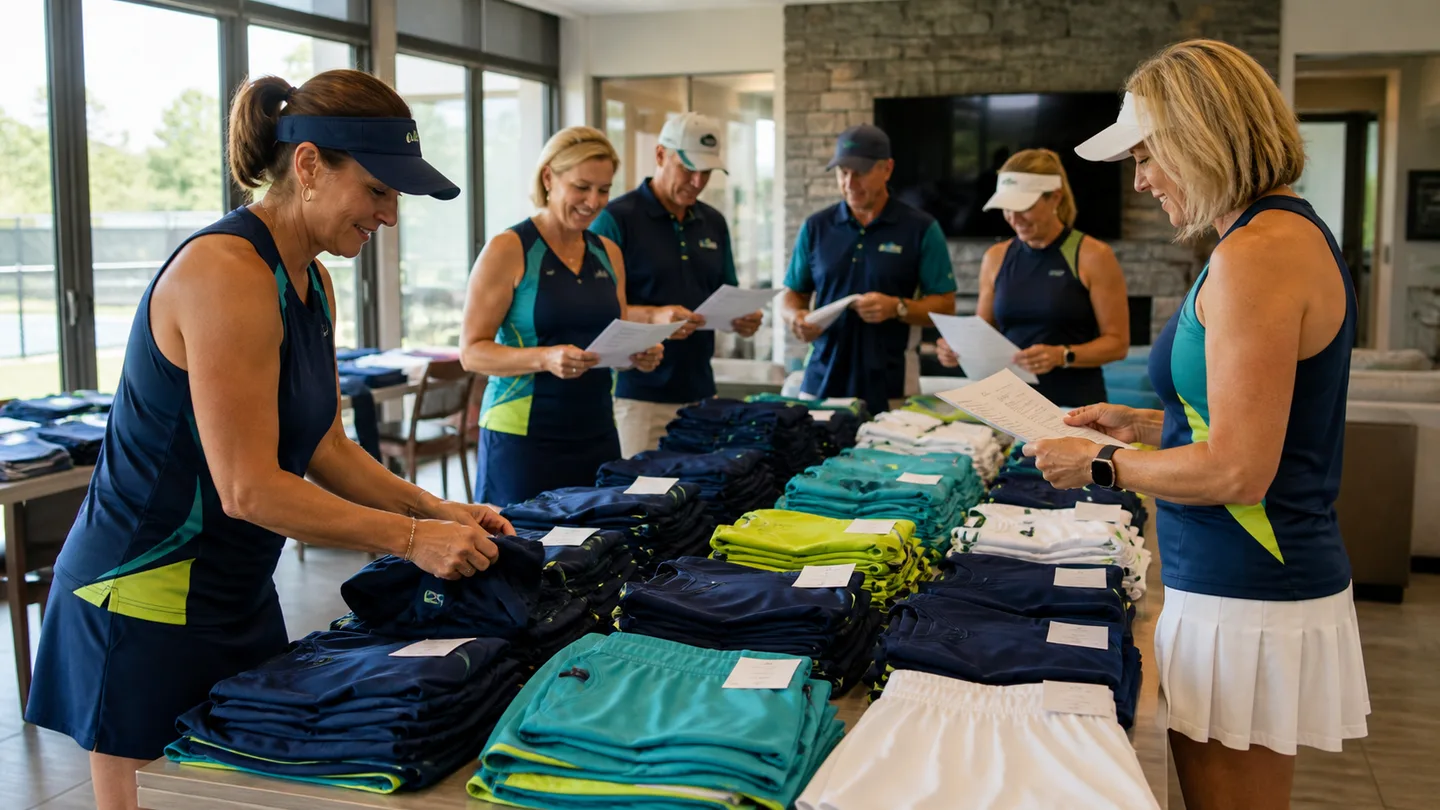 Pickleball club members sorting coordinated team wear by size for distribution