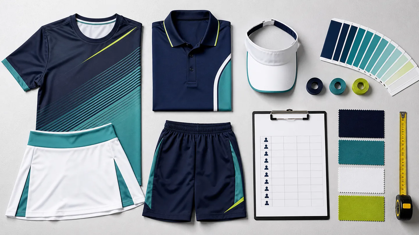 Coordinated pickleball team kit arranged with fabric swatches, color cards and a roster