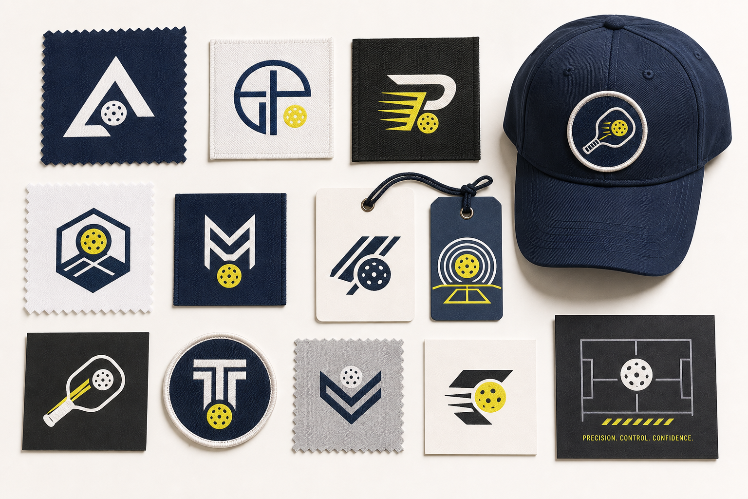 Original fictional pickleball brand marks displayed on apparel labels, patches and hang tags