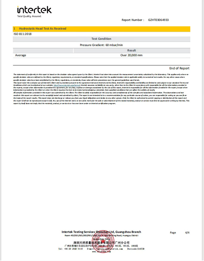 Intertek hydrostatic head material test report
