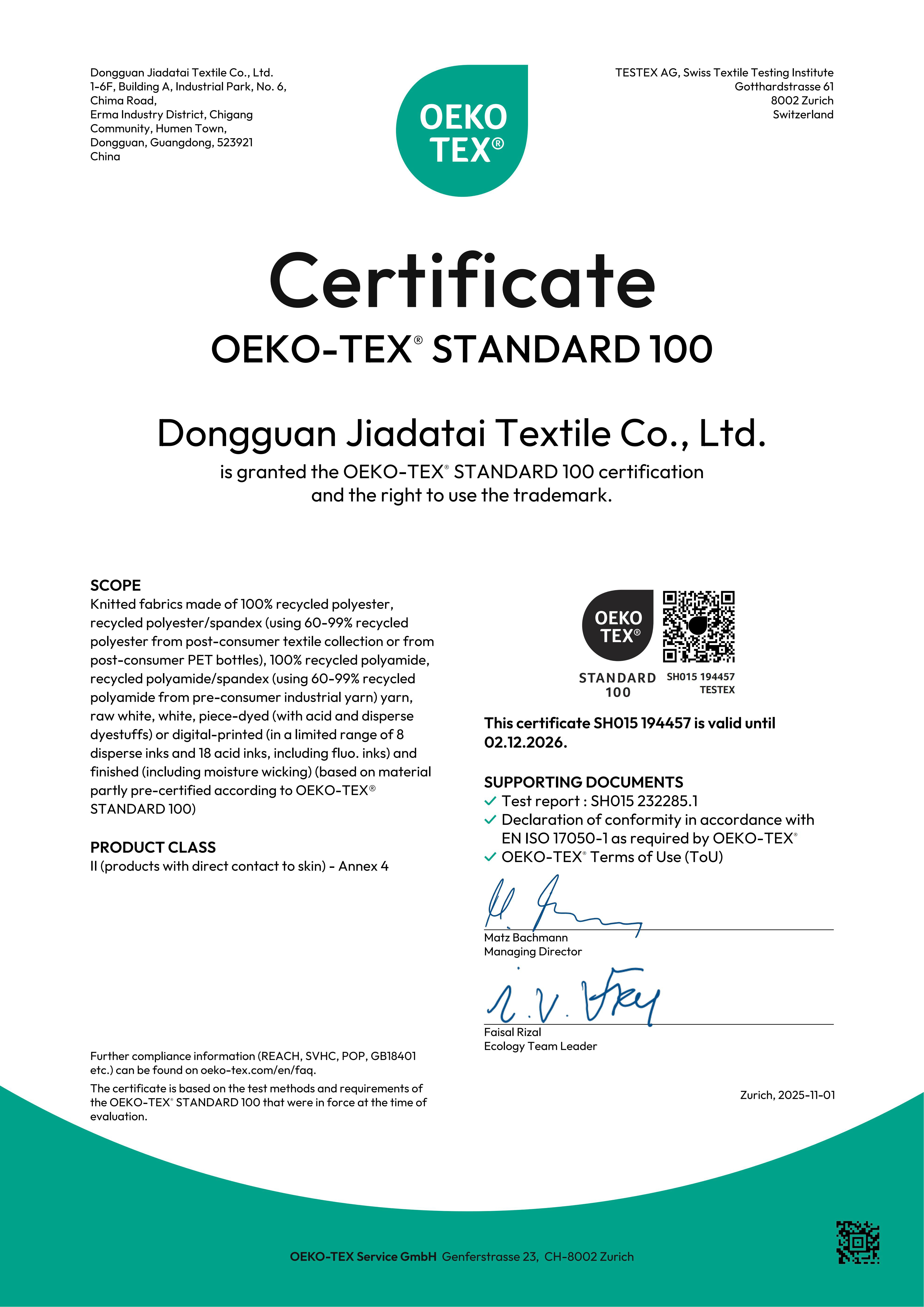OEKO-TEX Standard 100 material certificate