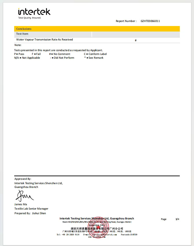 Intertek water vapour transmission test report