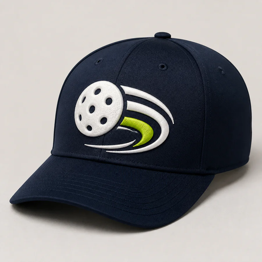 Navy pickleball cap with raised 3D puff embroidery ball and court-line logo