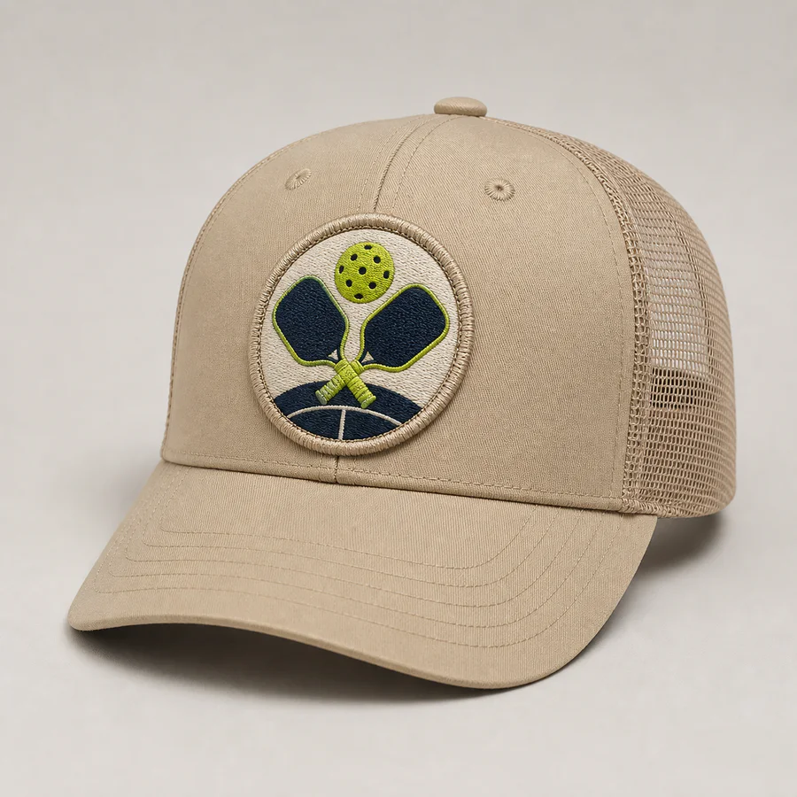 Tan pickleball cap with round embroidered paddles and ball patch