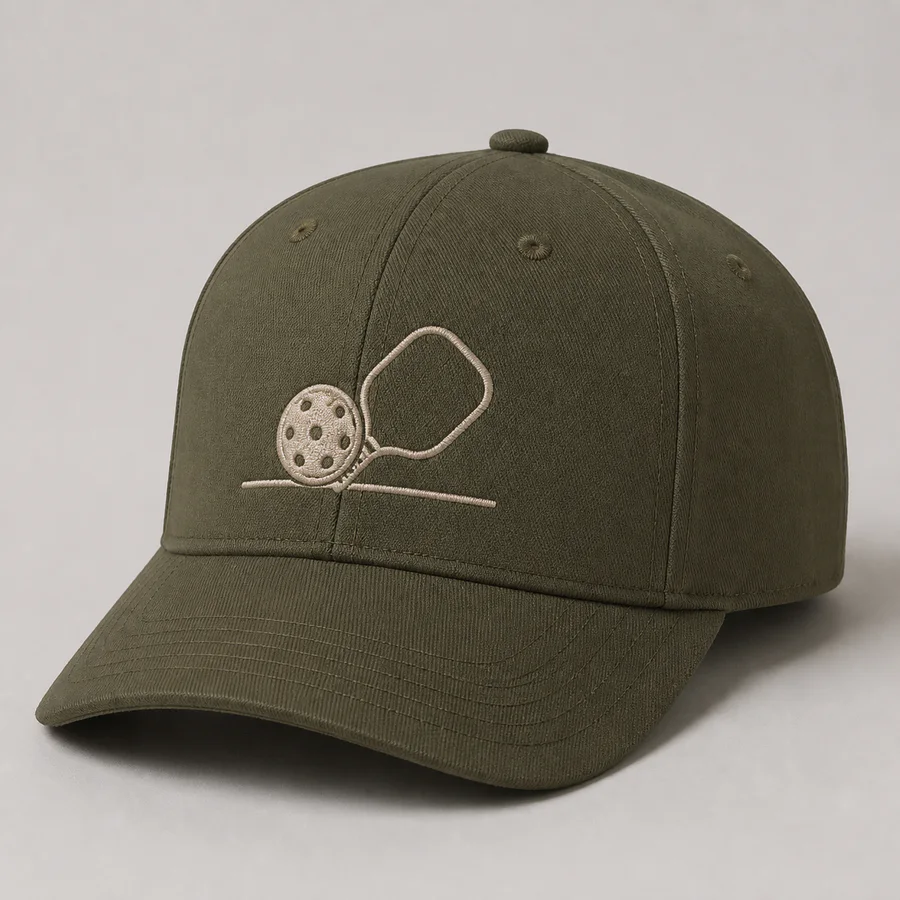 Olive pickleball cap with low-profile flat embroidered paddle and ball logo