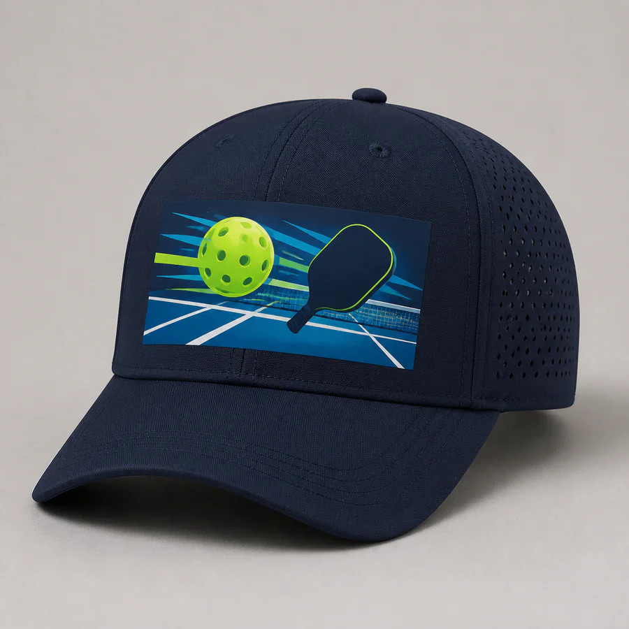 Navy pickleball cap with full-color heat-transfer court and paddle graphic