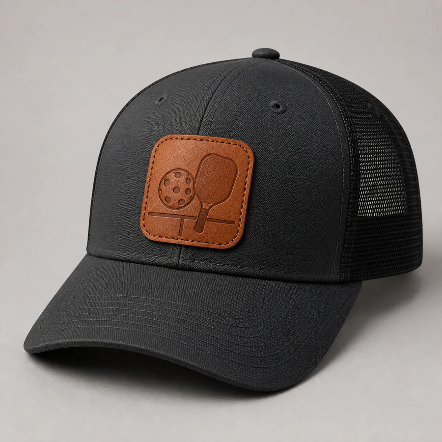 Charcoal pickleball cap with debossed faux-leather paddle and ball patch