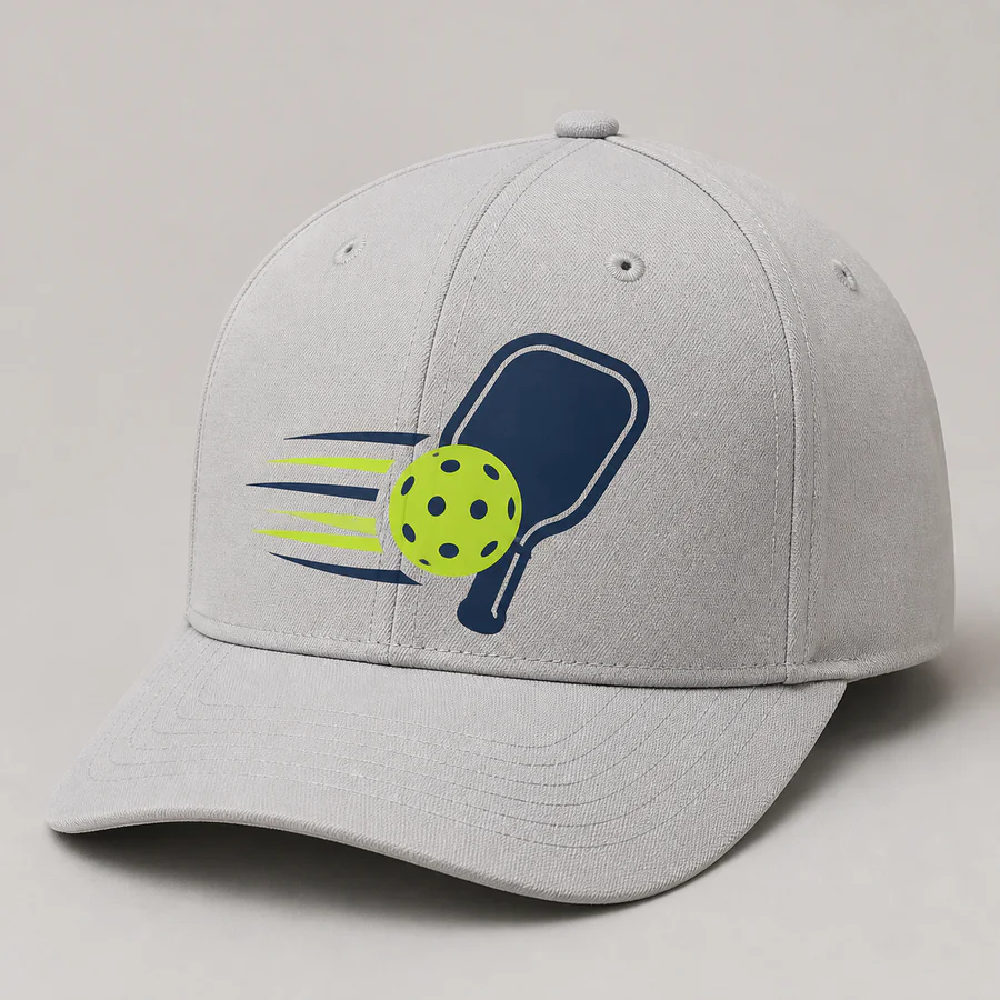 Light gray pickleball cap with flat screen-printed paddle and ball graphic