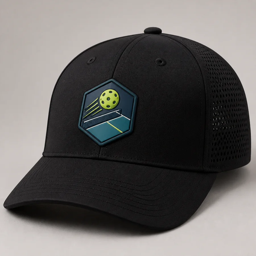 Black pickleball cap with molded silicone ball and court badge