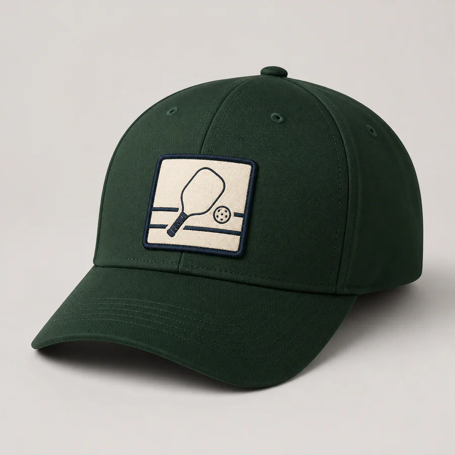 Green pickleball cap with rectangular woven paddle and ball patch