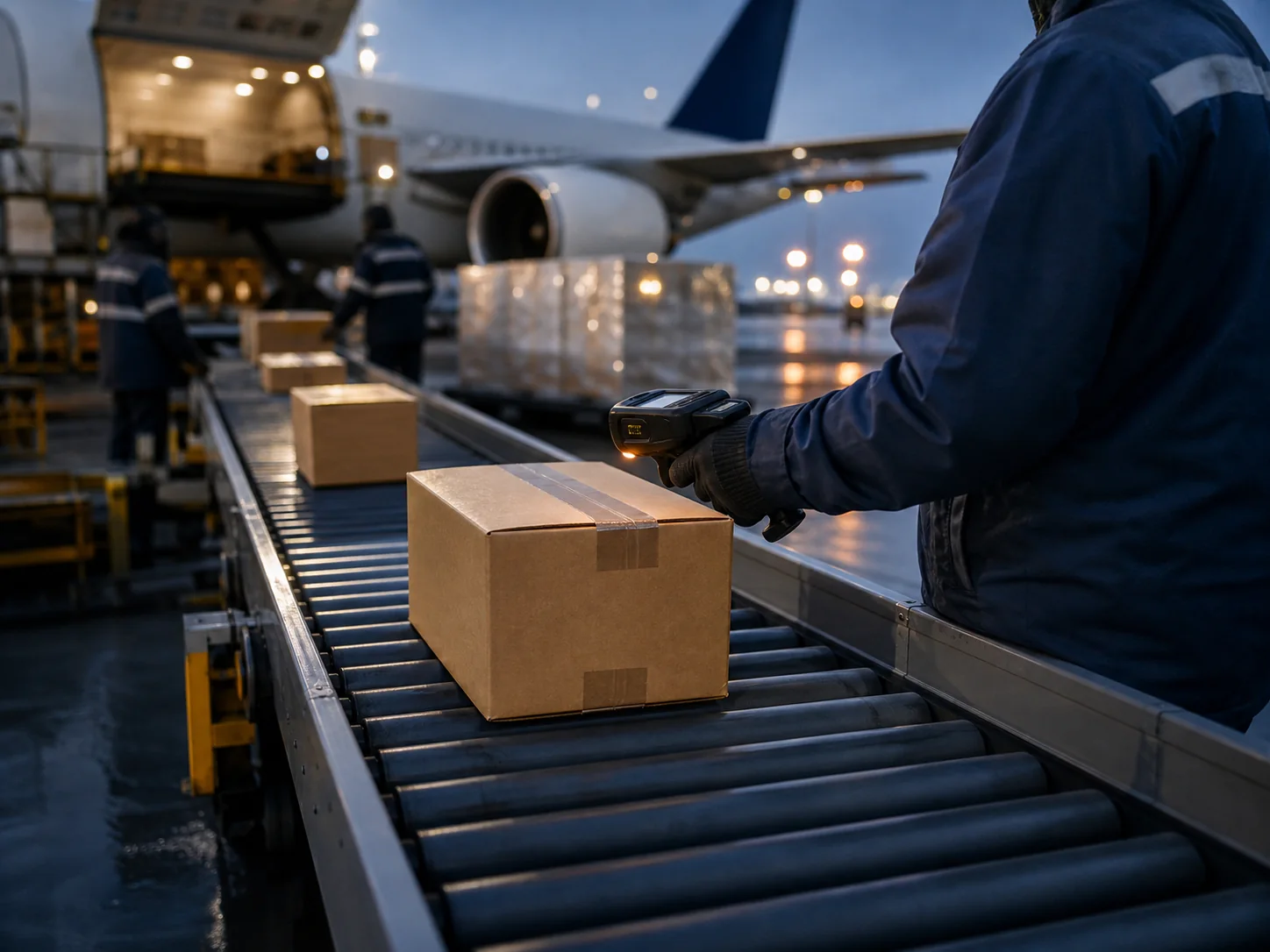 Commercial express parcels moving through an airport cargo terminal
