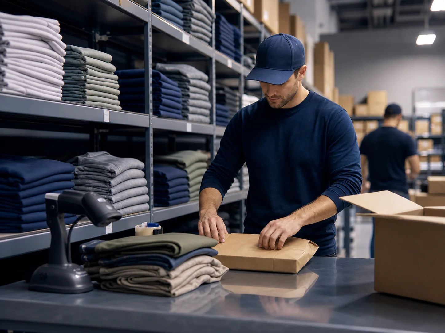 Warehouse team packing individual apparel orders for dropshipping