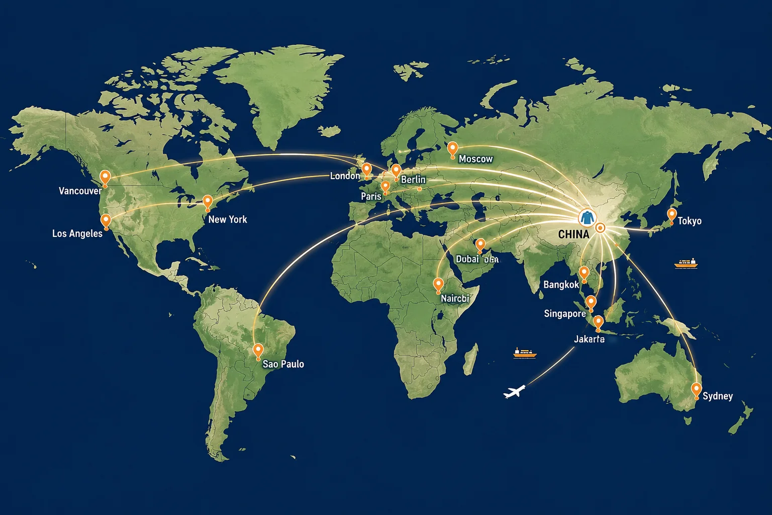 Global shipping routes from China to international pickleball apparel markets