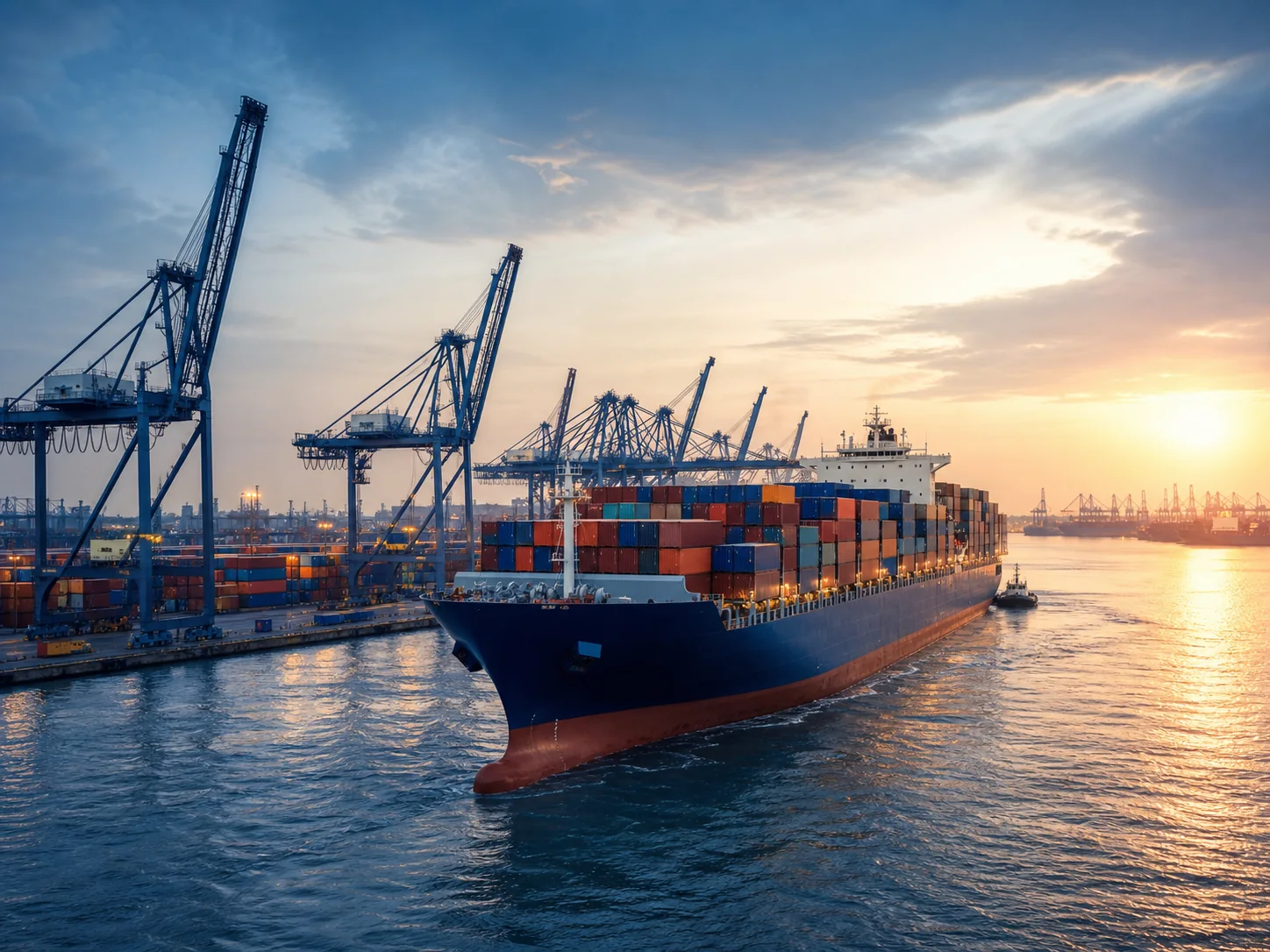 Container ship leaving an international seaport