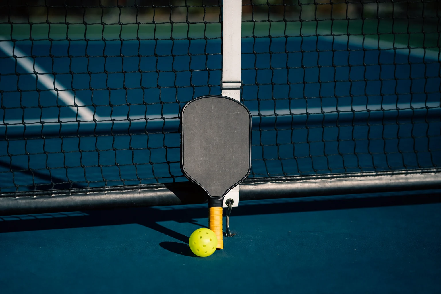 Pickleball paddle and ball resting against a court net