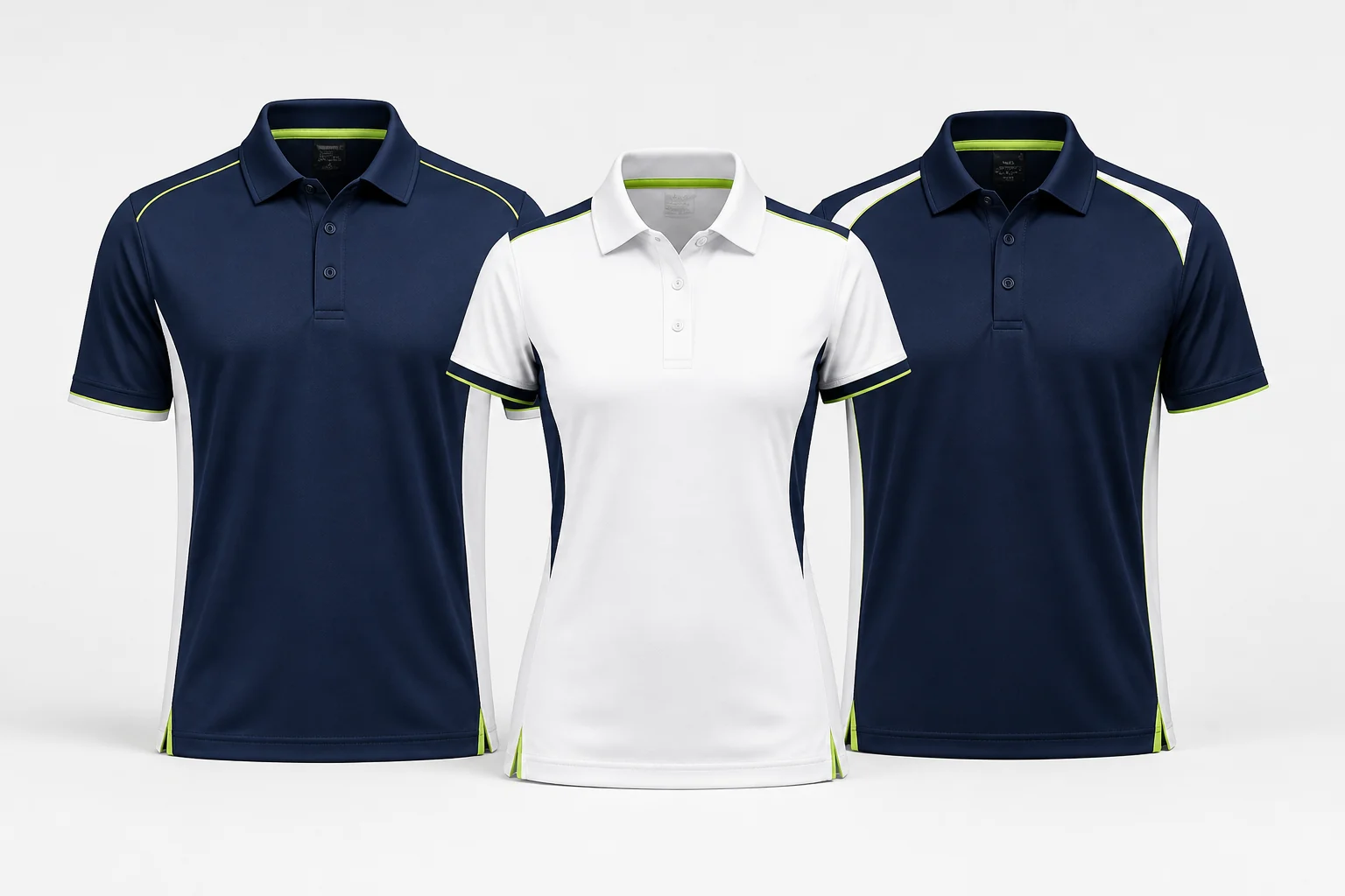Men's, women's and unisex custom pickleball polo shirt collection in navy, white and lime