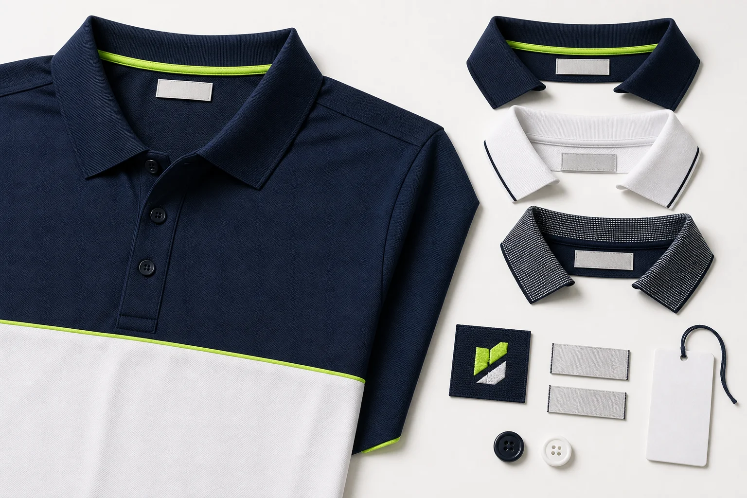 Custom polo collar, placket, embroidery, woven label, button and hang tag options