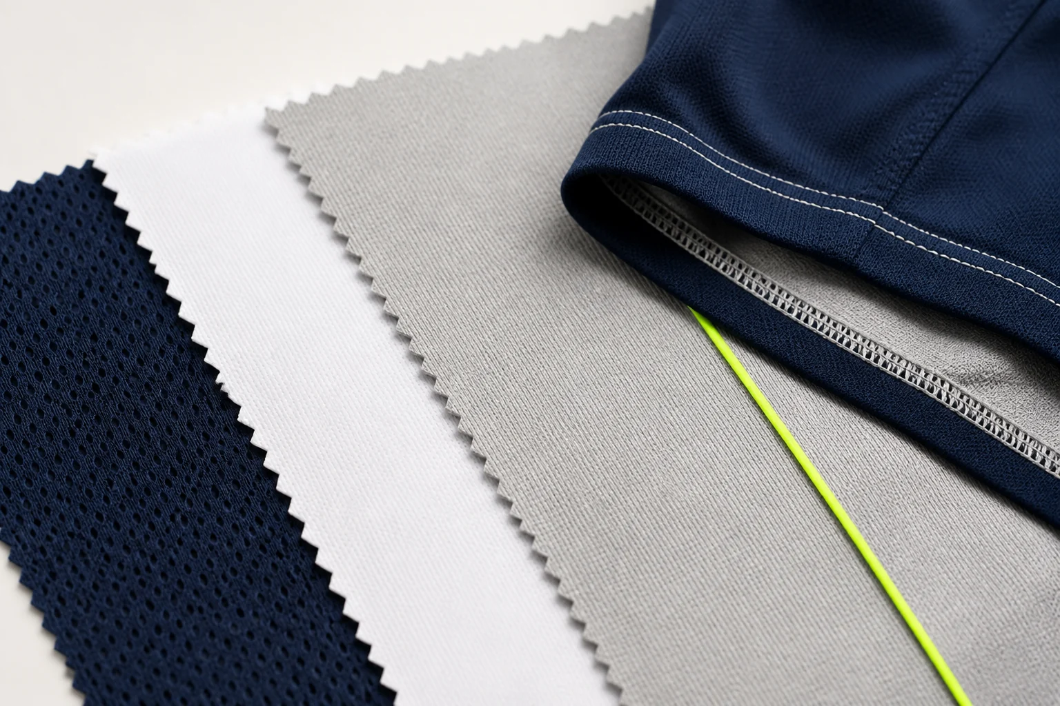 Performance fabric swatches for custom pickleball polo shirts including mesh, interlock and stretch knit
