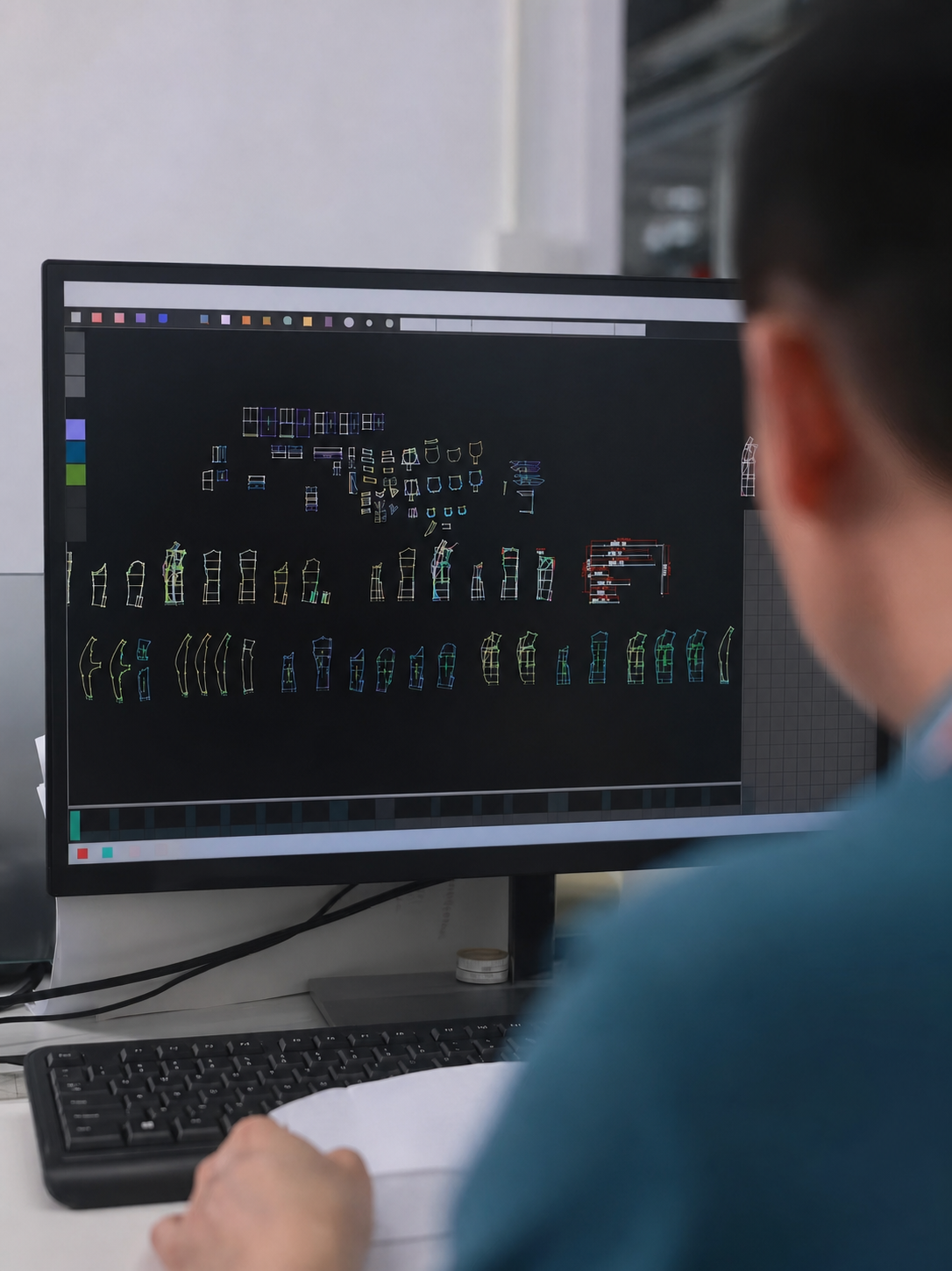 Technician reviewing a digital apparel pattern during design confirmation