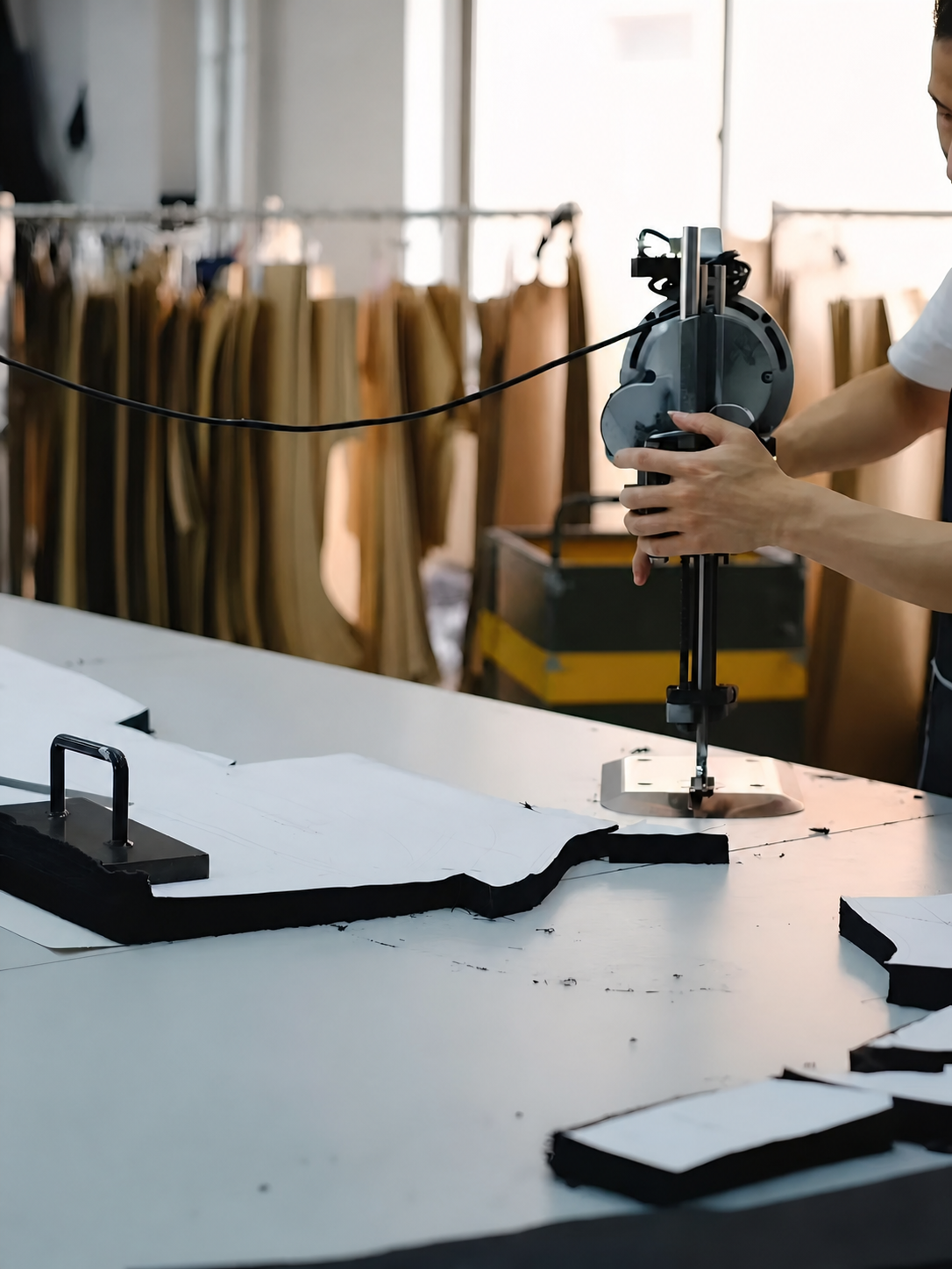 Technician cutting garment pattern panels in a factory