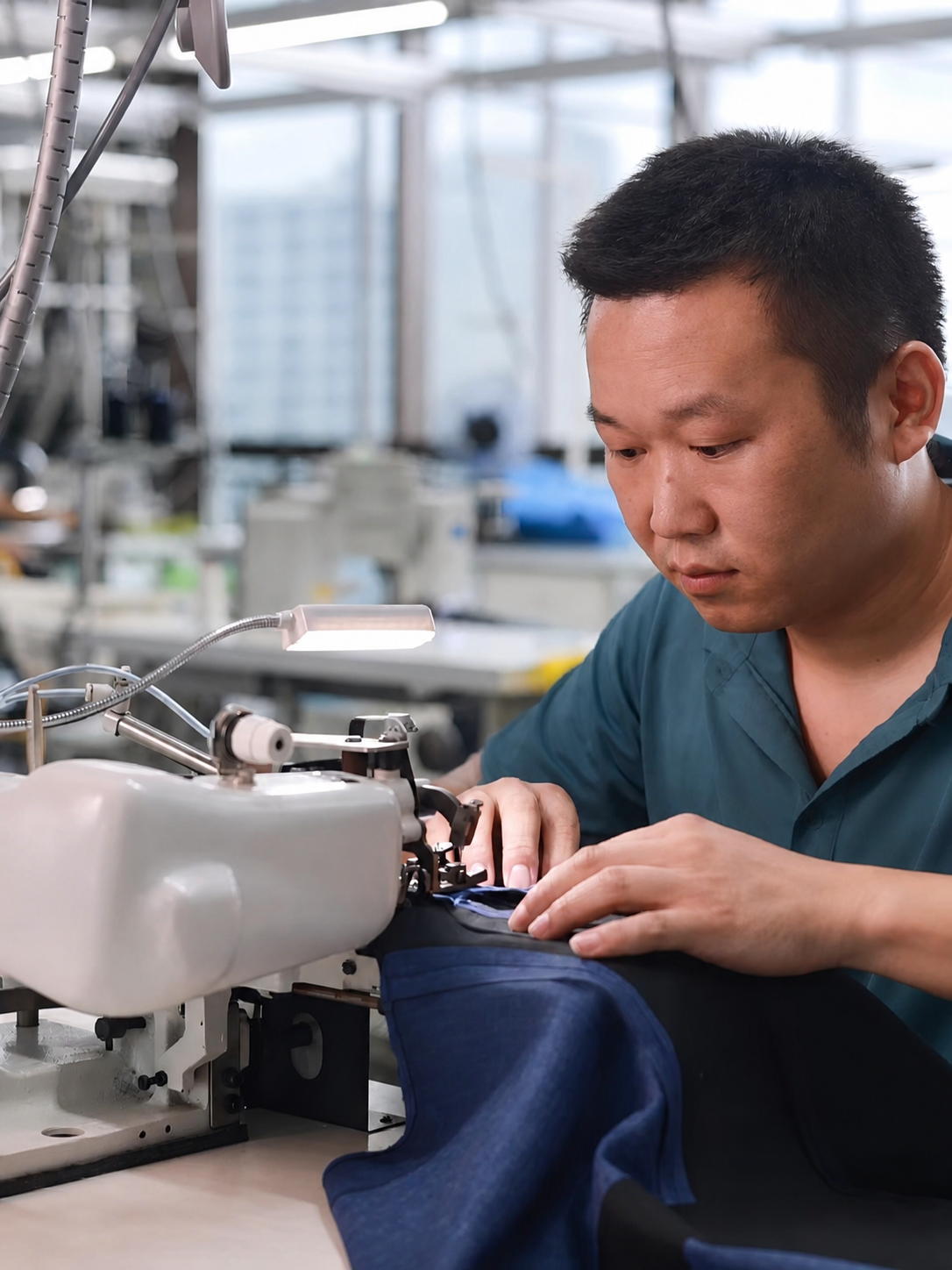 Technician sewing custom apparel in the factory