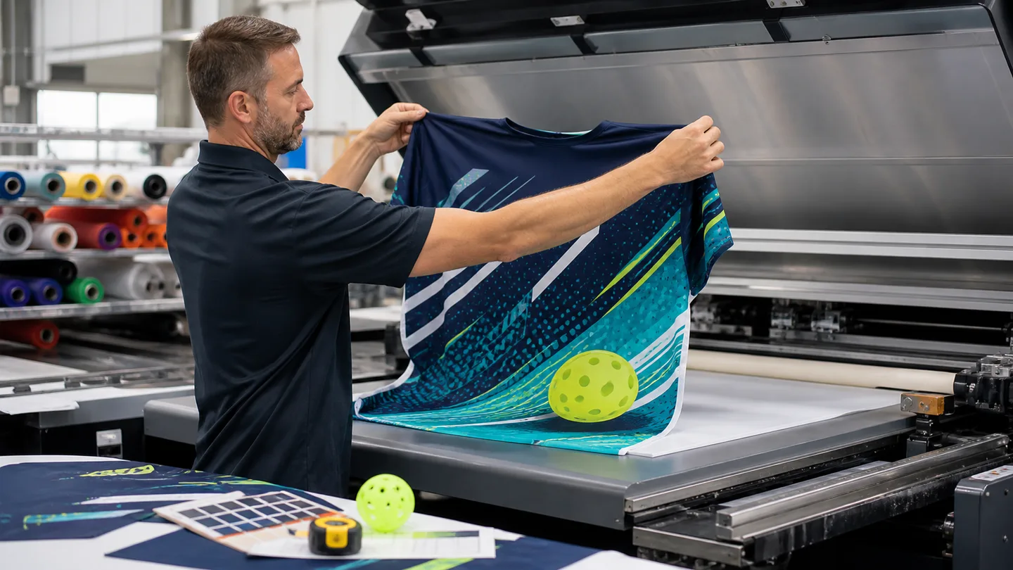 Custom pickleball jersey being checked beside a sublimation printer