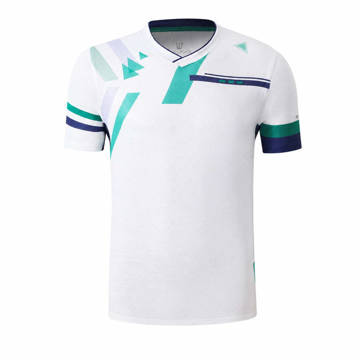 White custom pickleball T-shirt with teal and navy sublimation graphics