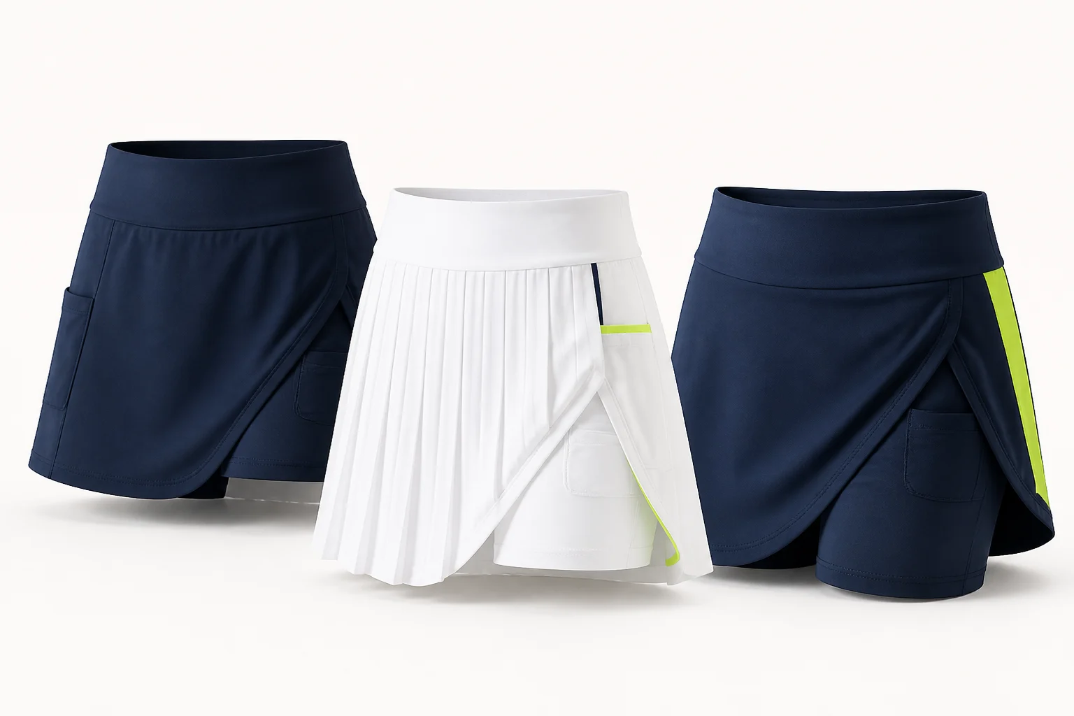 Navy, white and lime custom pickleball skorts with built-in shorts and pockets