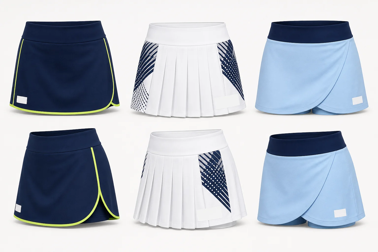 Navy, white and light-blue custom pickleball skort colorways with sublimation panels and logo placement zones