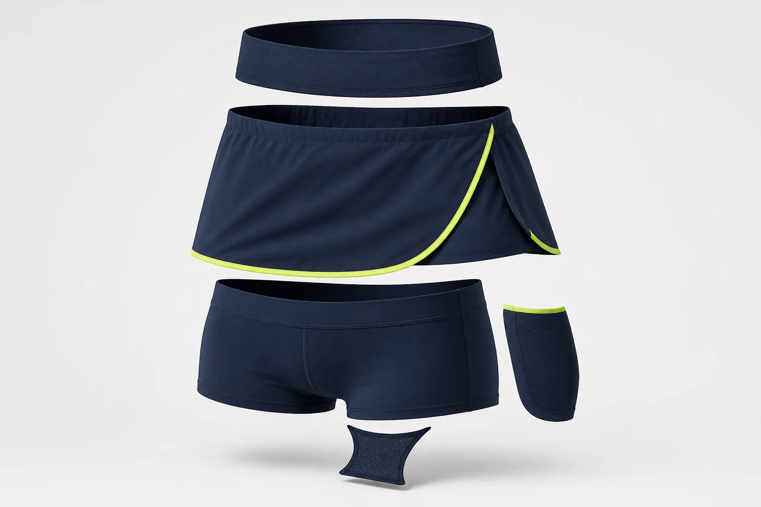Exploded custom pickleball skort showing waistband, outer wrap skirt, fitted inner short, side pocket and mesh gusset