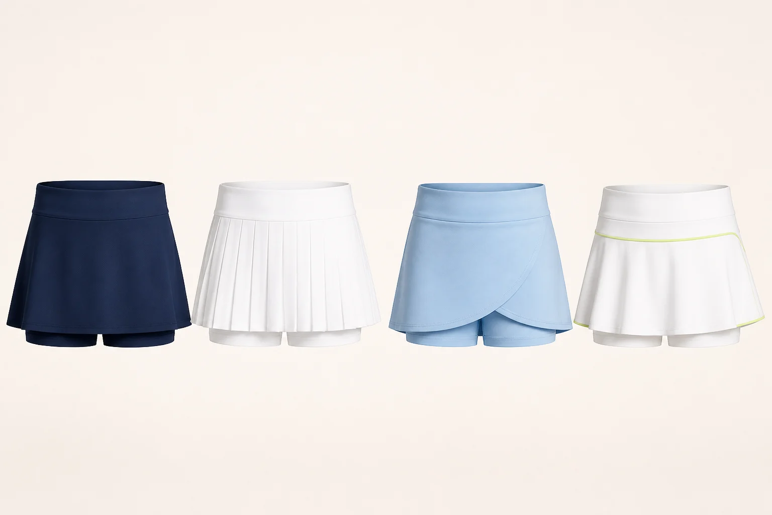 A-line, pleated, wrap-front and soft-flare custom pickleball skort silhouettes